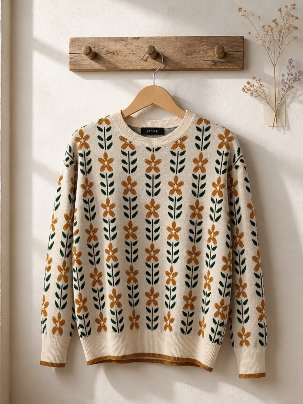 Cozy Floral Cream Sweater - Casual Women's Knit - Picture 2 of 4